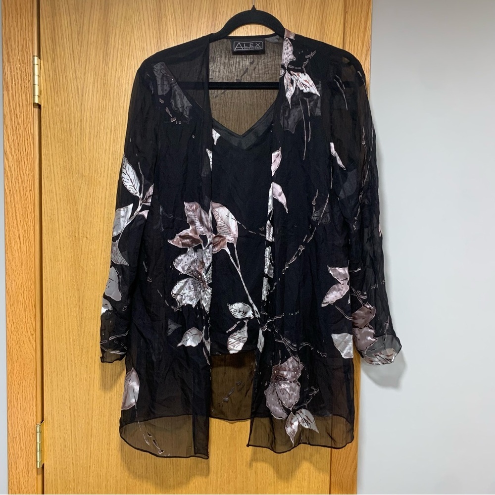 Alex Evenings Black Floral Blouse with Sheer Jacket - Size 10